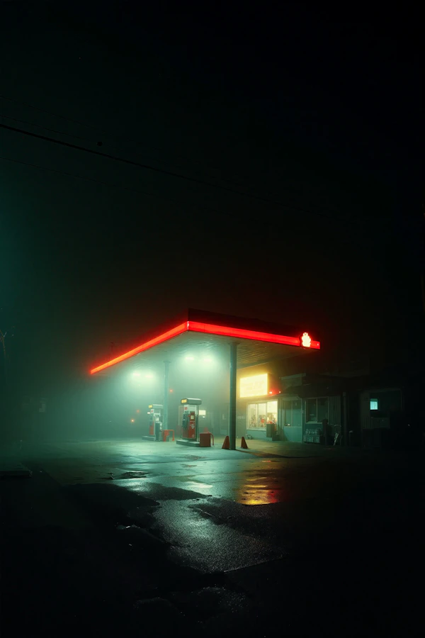 Foggy Night Gas Station