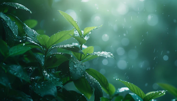 Glistening Green Leaves with Bokeh Background
