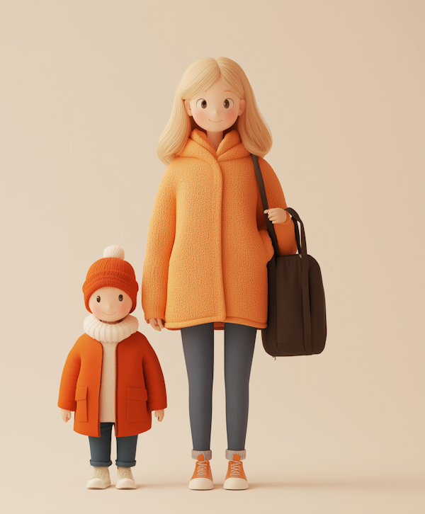 Animated Mother and Child in Winter Attire