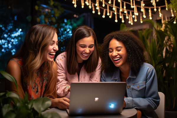 Joyful Friends Sharing a Laugh over a Laptop