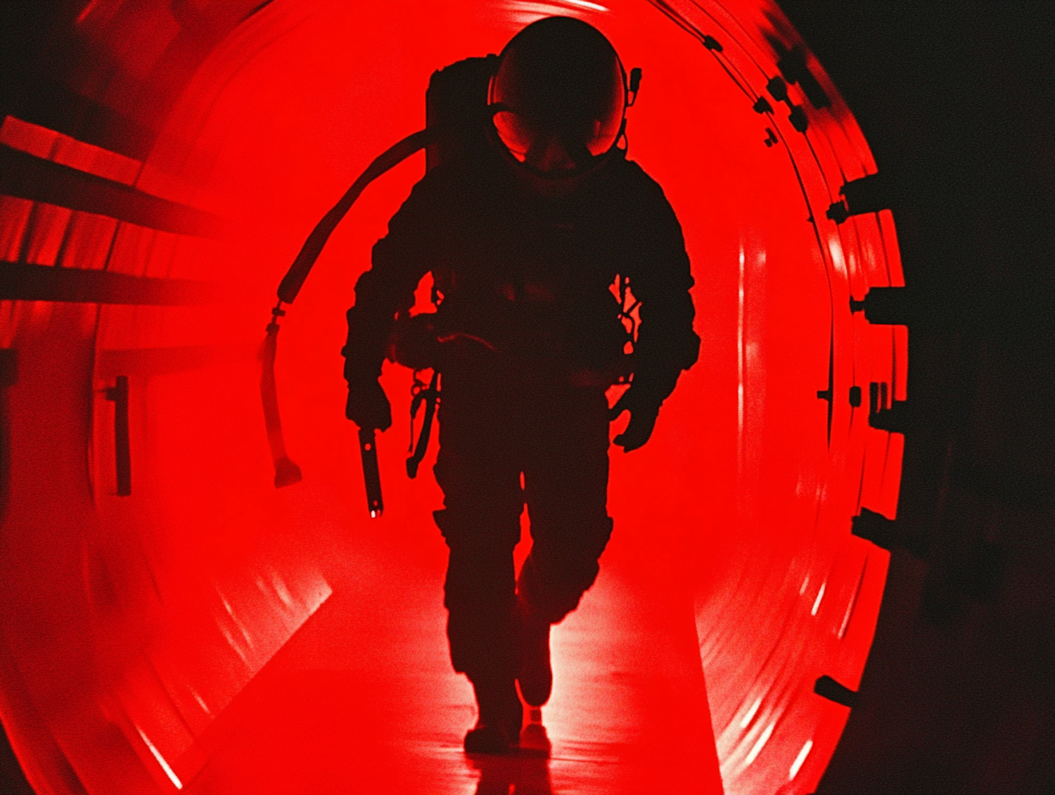 Lone Astronaut in Red Tunnel