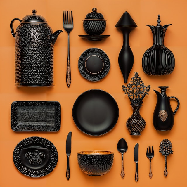 Elegant Black Kitchenware on Orange Background