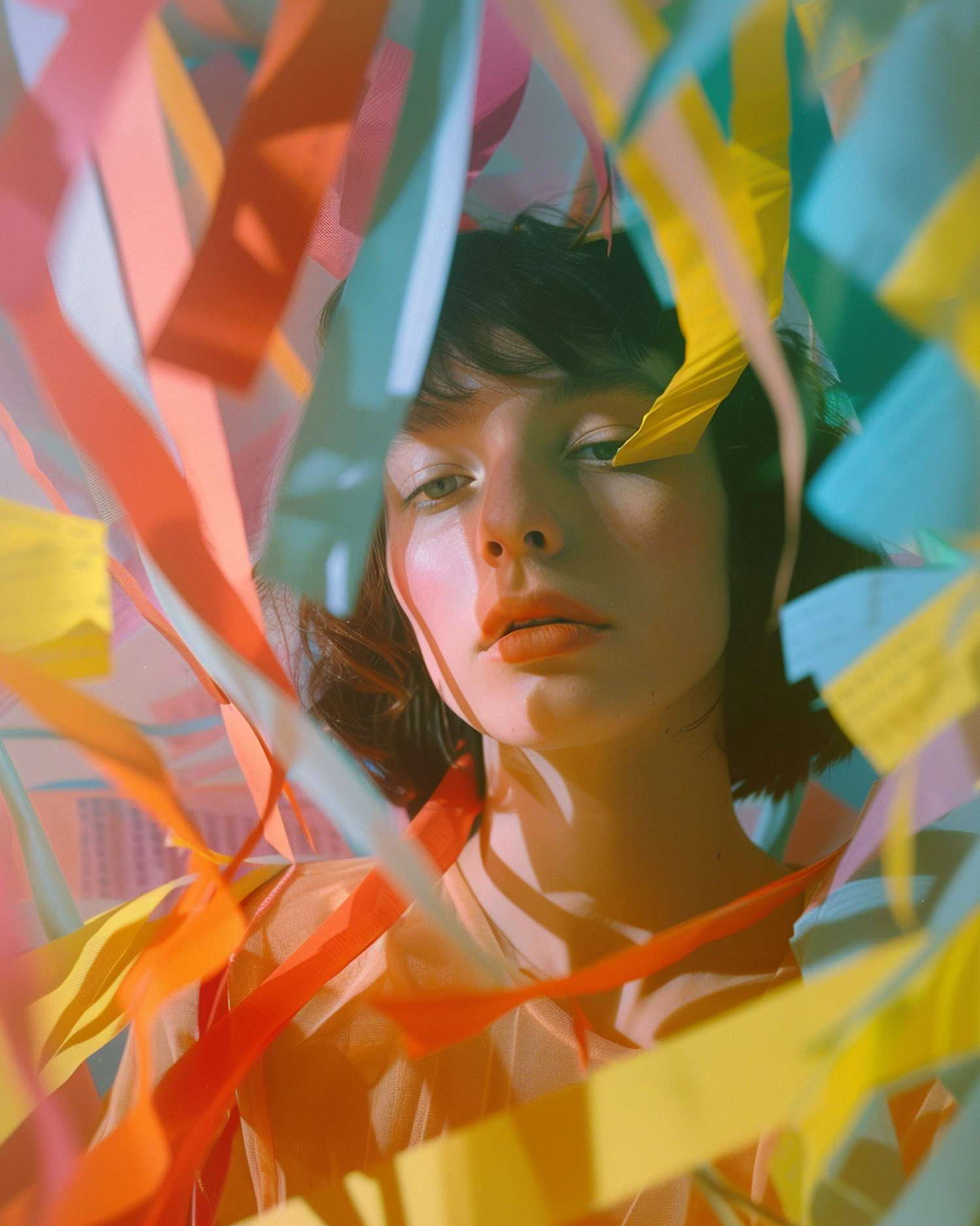 Contemplative Woman Amidst Colorful Ribbons