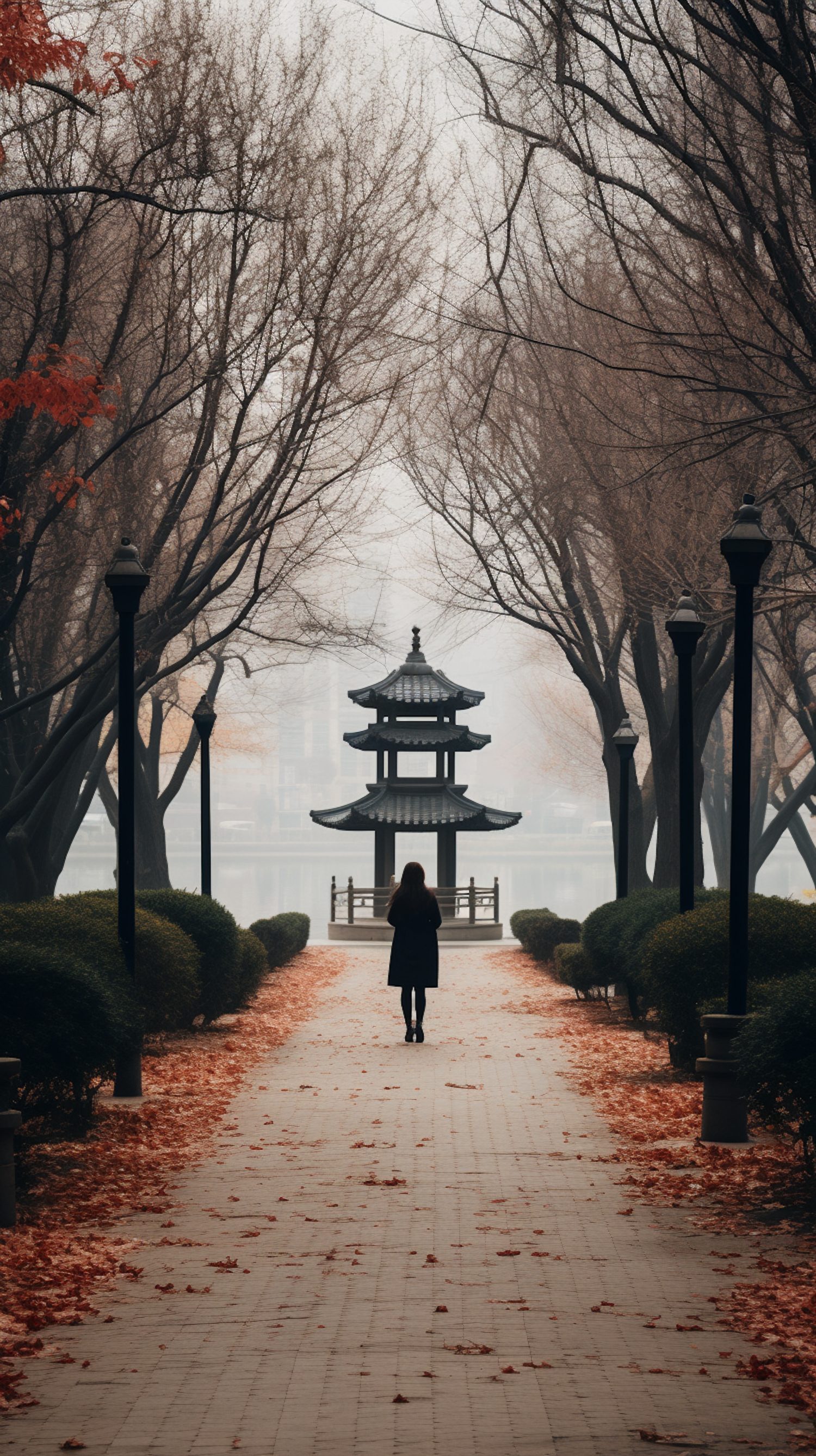 Autumn Serenity: A Tranquil Walk to the Misty Pagoda