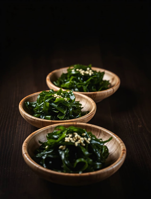 Seaweed Salad in Wooden Bowls