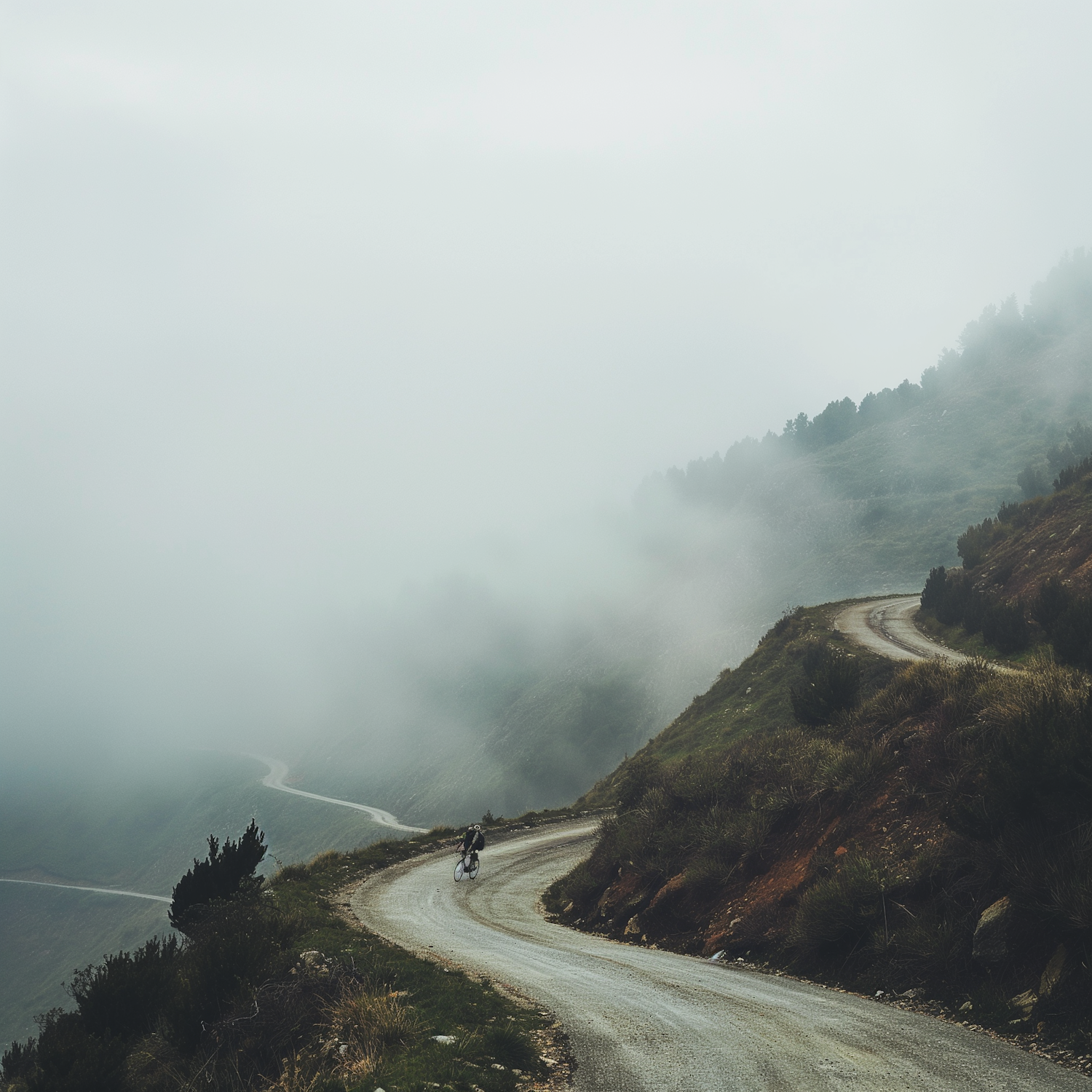 Solitary Cyclist on Misty Mountain Road