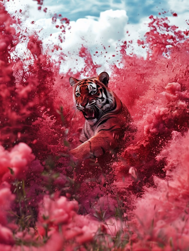 Tiger in Motion Amidst Red Particles