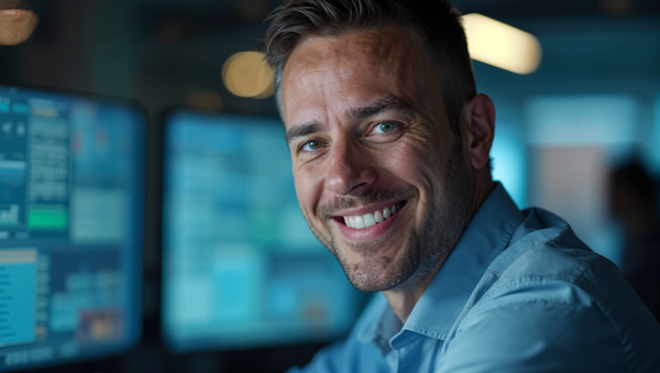 Smiling Man in Tech Environment