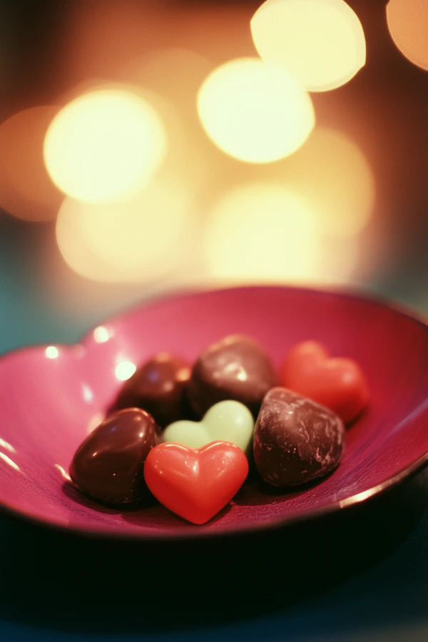 Heart-Shaped Chocolates in Pink Bowl