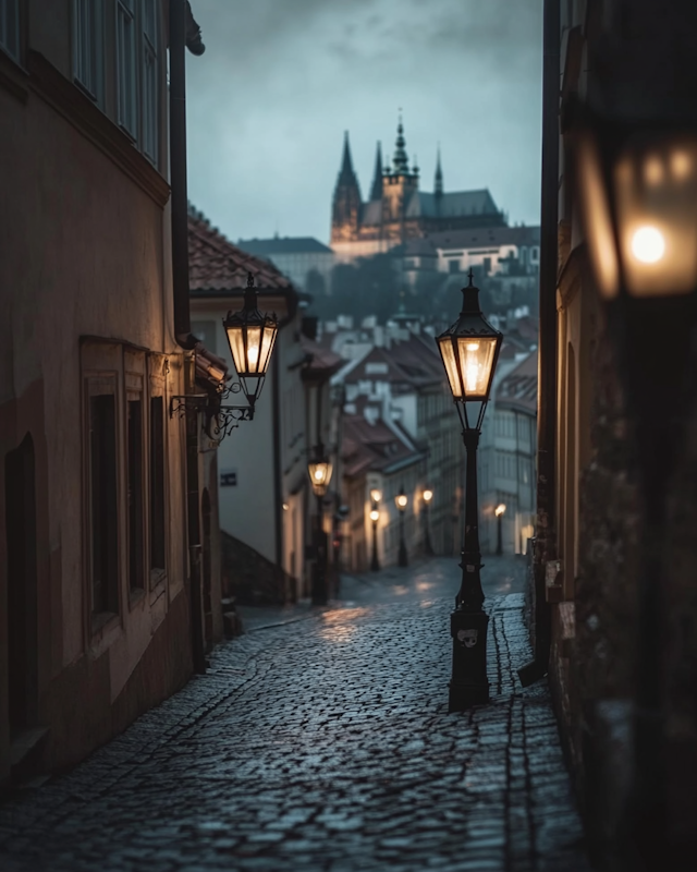 Twilight Cobblestone Street and Castle