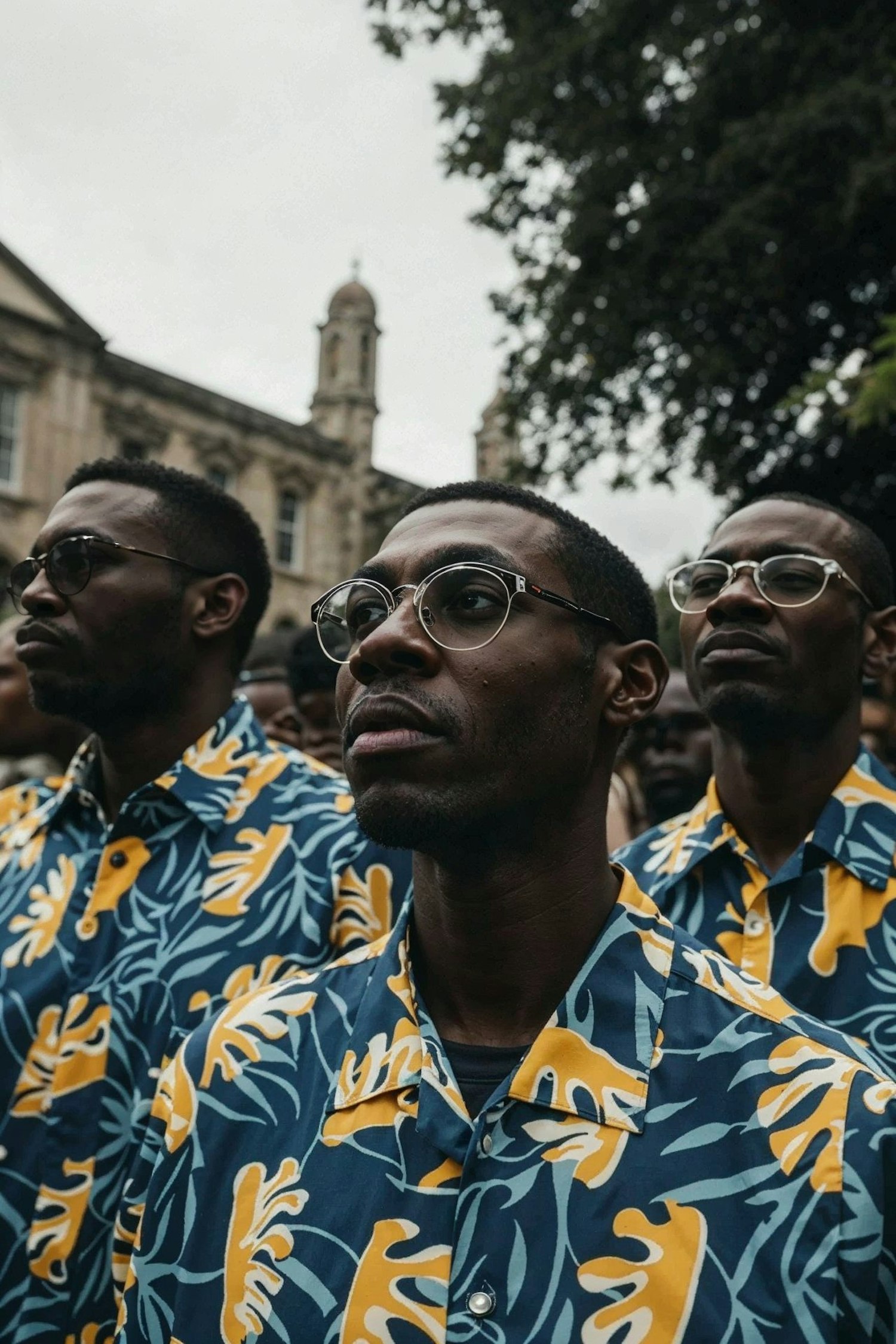 Contemplative Trio in Floral Shirts