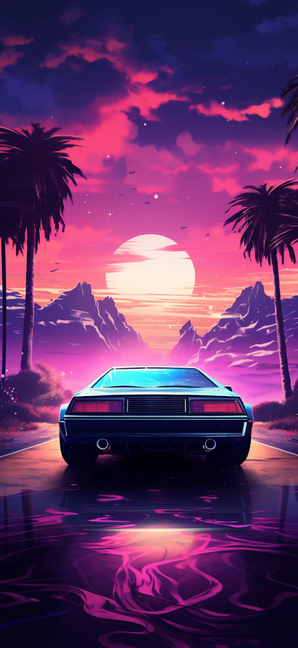 Neon Nostalgia: Retro-Futuristic Muscle Car Sunset