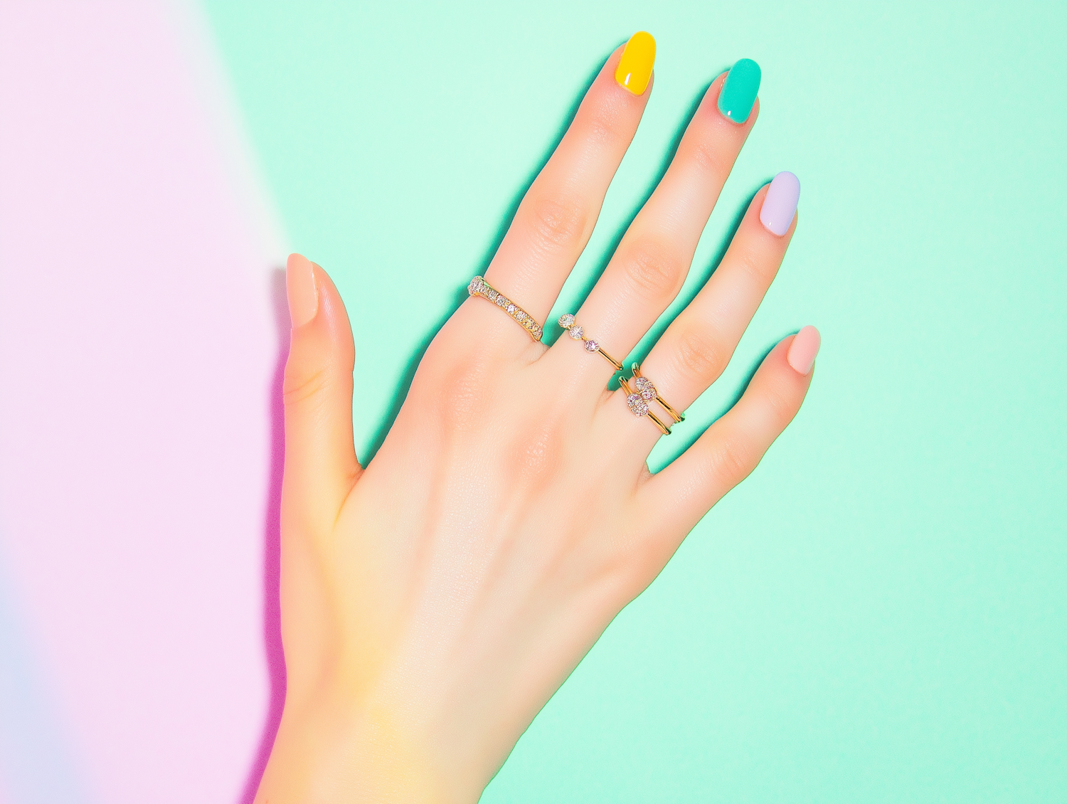 Pastel Manicure with Gold Rings