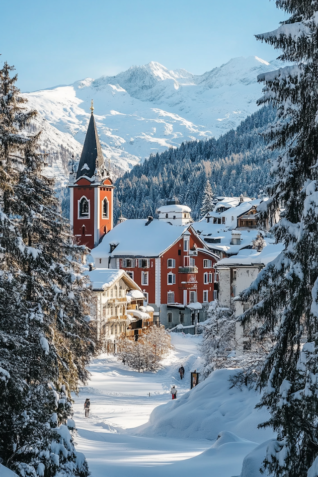 Winter Village Scene with Red Church