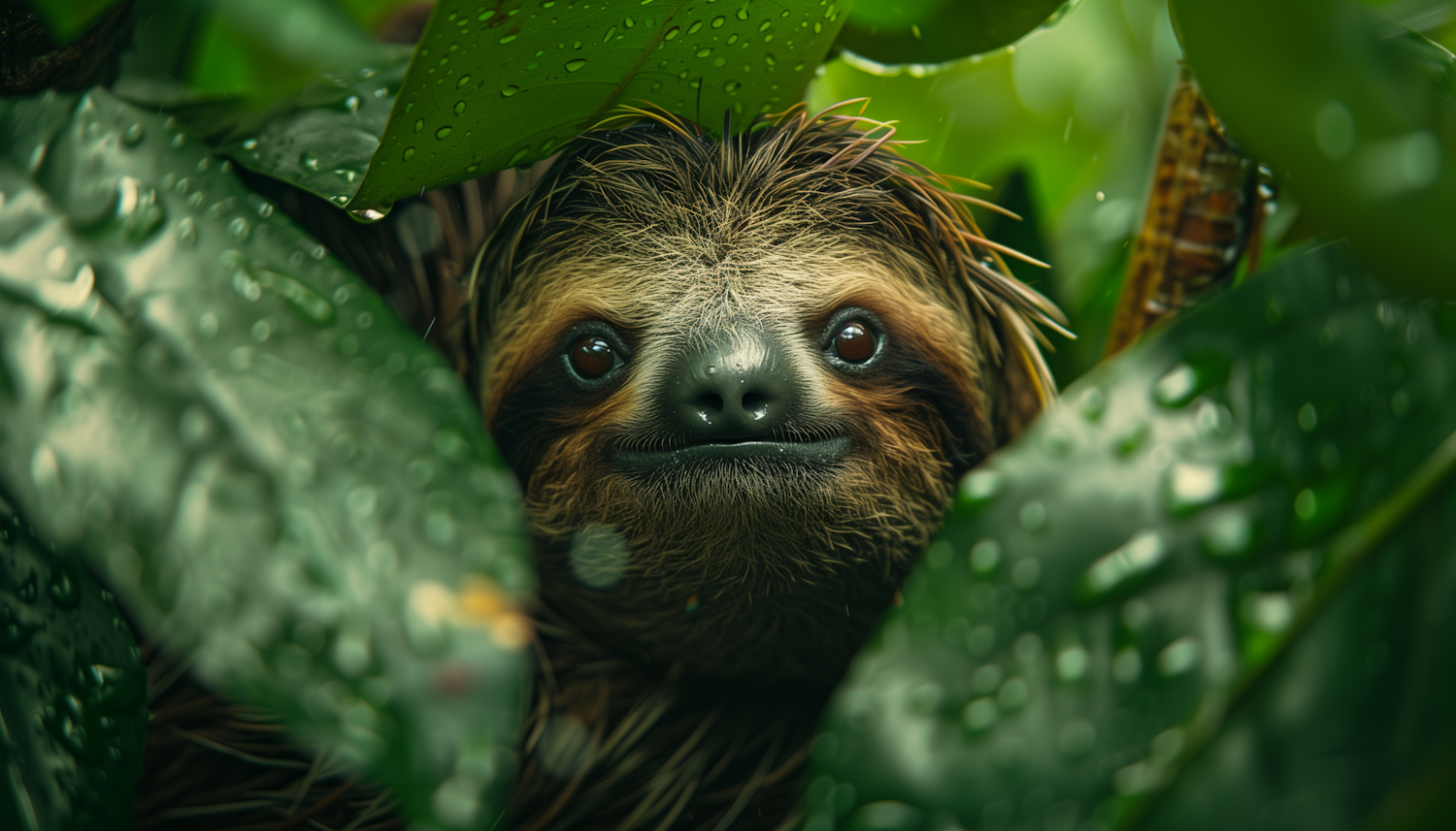 Sloth Through Green Leaves