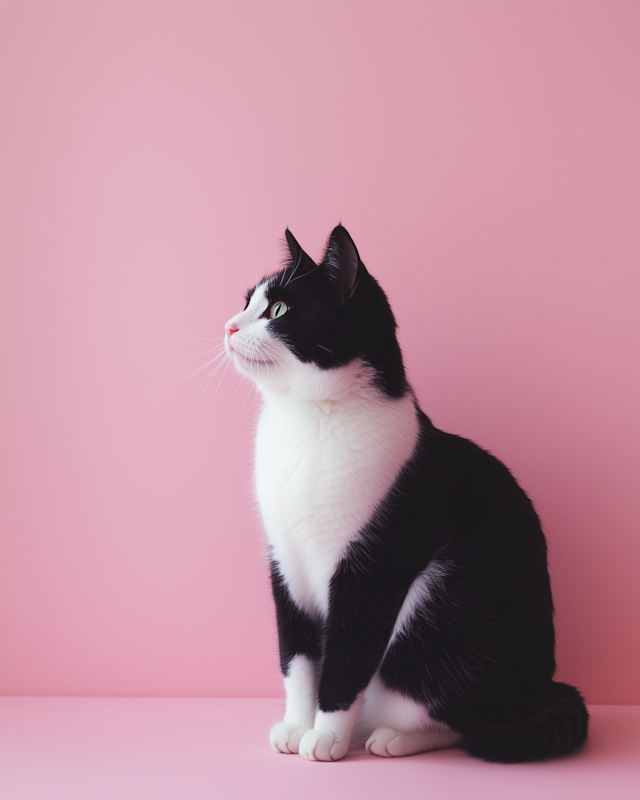 Black and White Cat on Pink Background