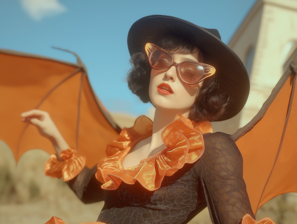 Woman in Bat-Wing Costume with Cat-Eye Sunglasses