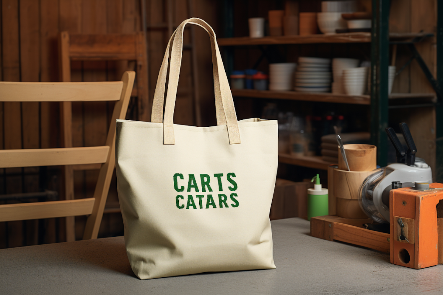 Beige Workshop Tote with Bold Green 'CARTS CATARS' Print