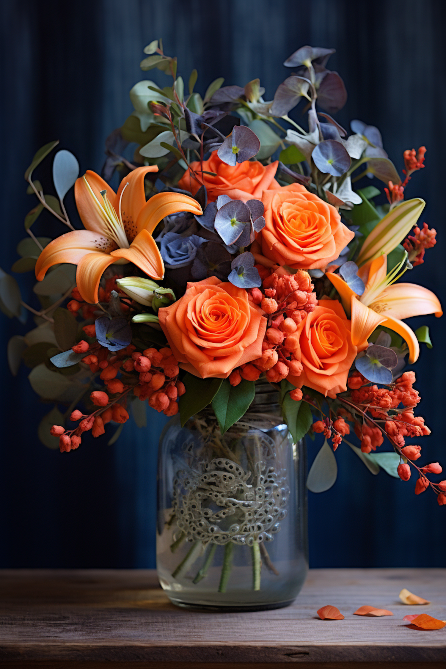 Vivid Elegance: Orange Roses and Lilies with Contrasting Cool Blooms Bouquet