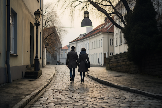 Cobblestone Companionship in Twilight Hues