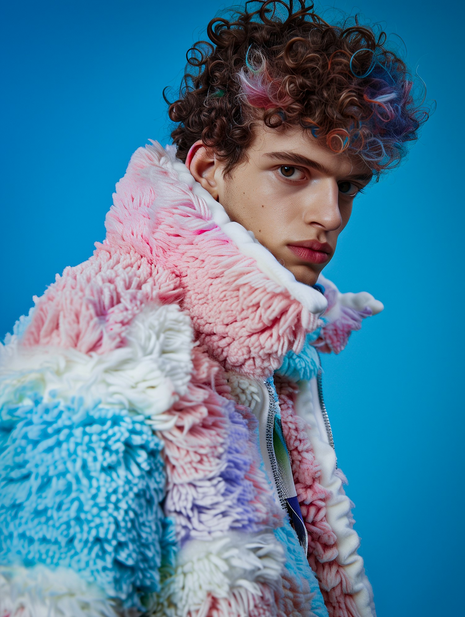 Fashionable Young Man with Colorful Curly Hair