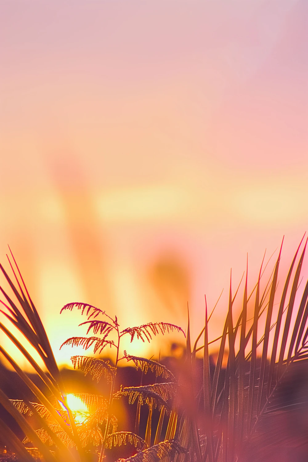 A vibrant sunset with silhouetted palm fronds against a pink and orange sky