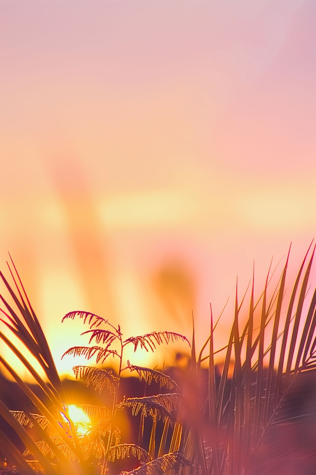 Serene Sunset with Plant Silhouettes