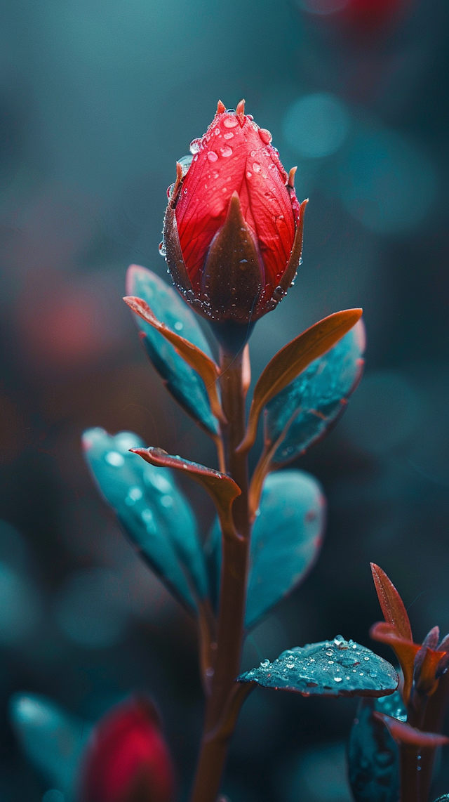 Glistening Dew on Red Rosebud