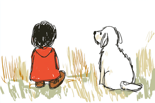 Child and Dog Gazing into Field