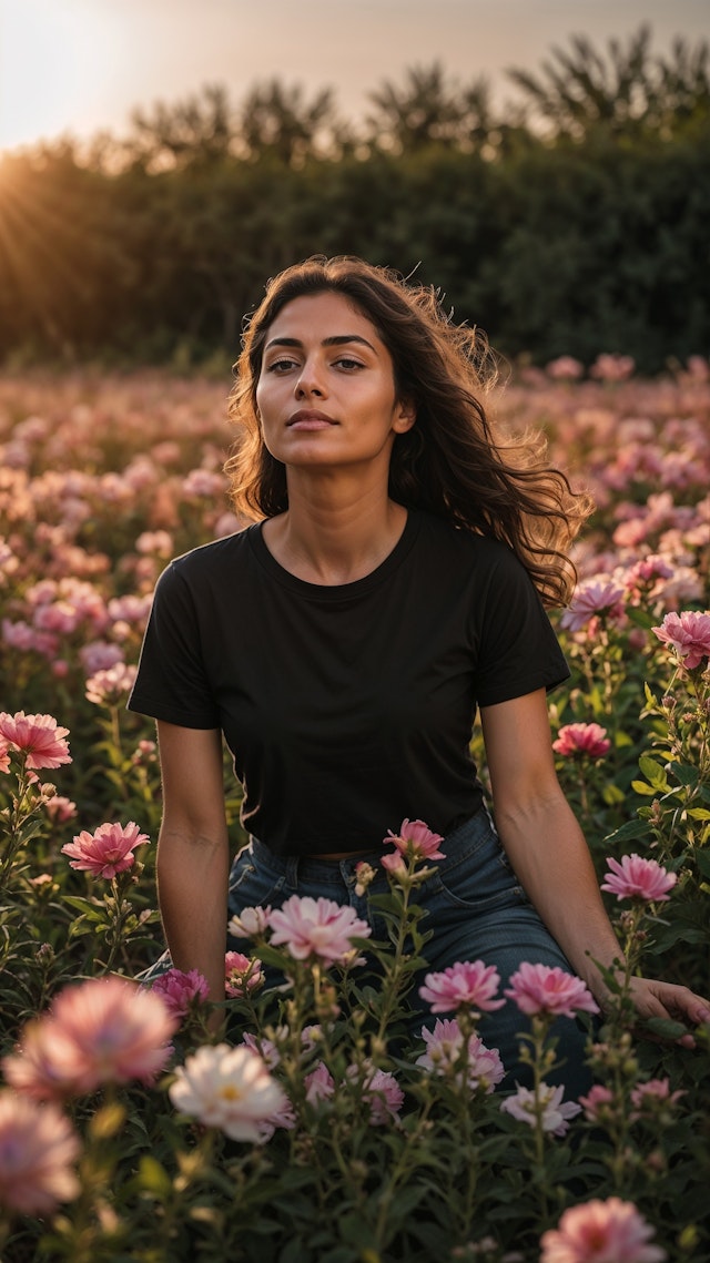 Woman in Field of Pink Flowers at Sunset