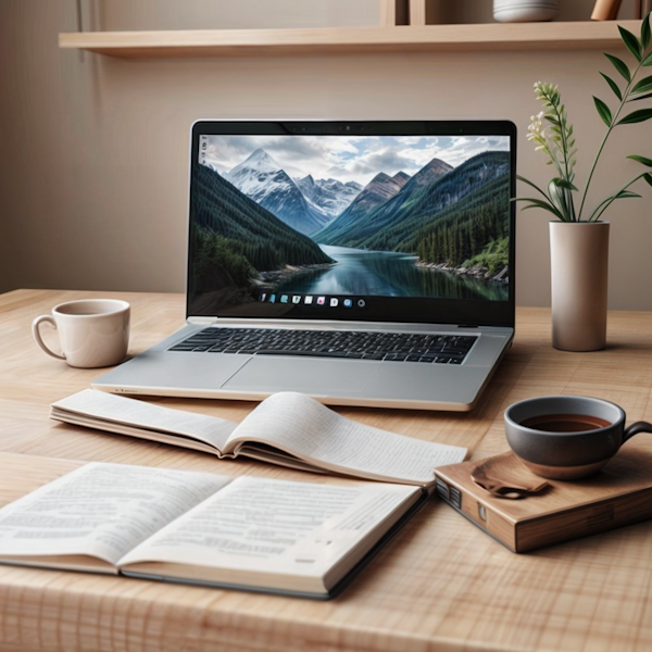Serene Workspace with Mountainous Background on Laptop