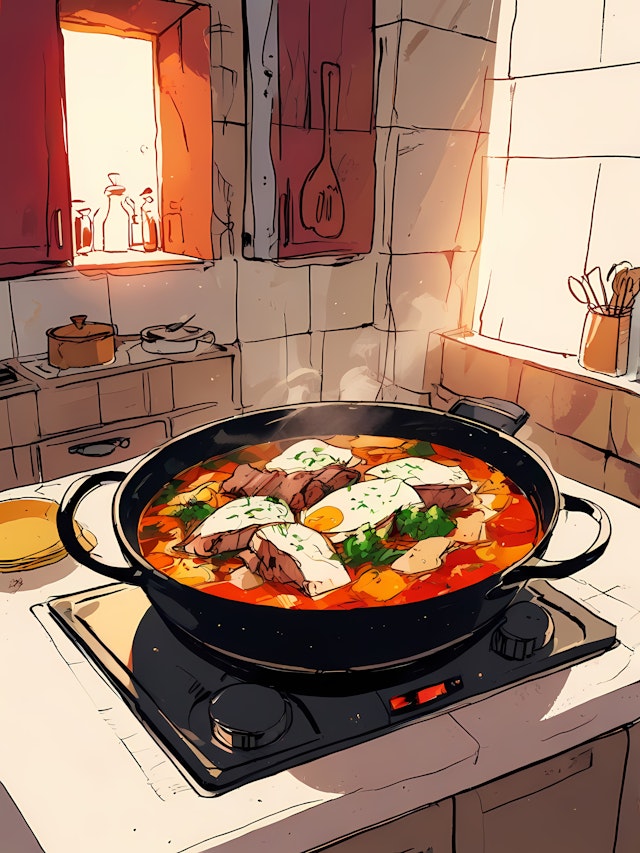 Cozy Kitchen Scene with Simmering Stew