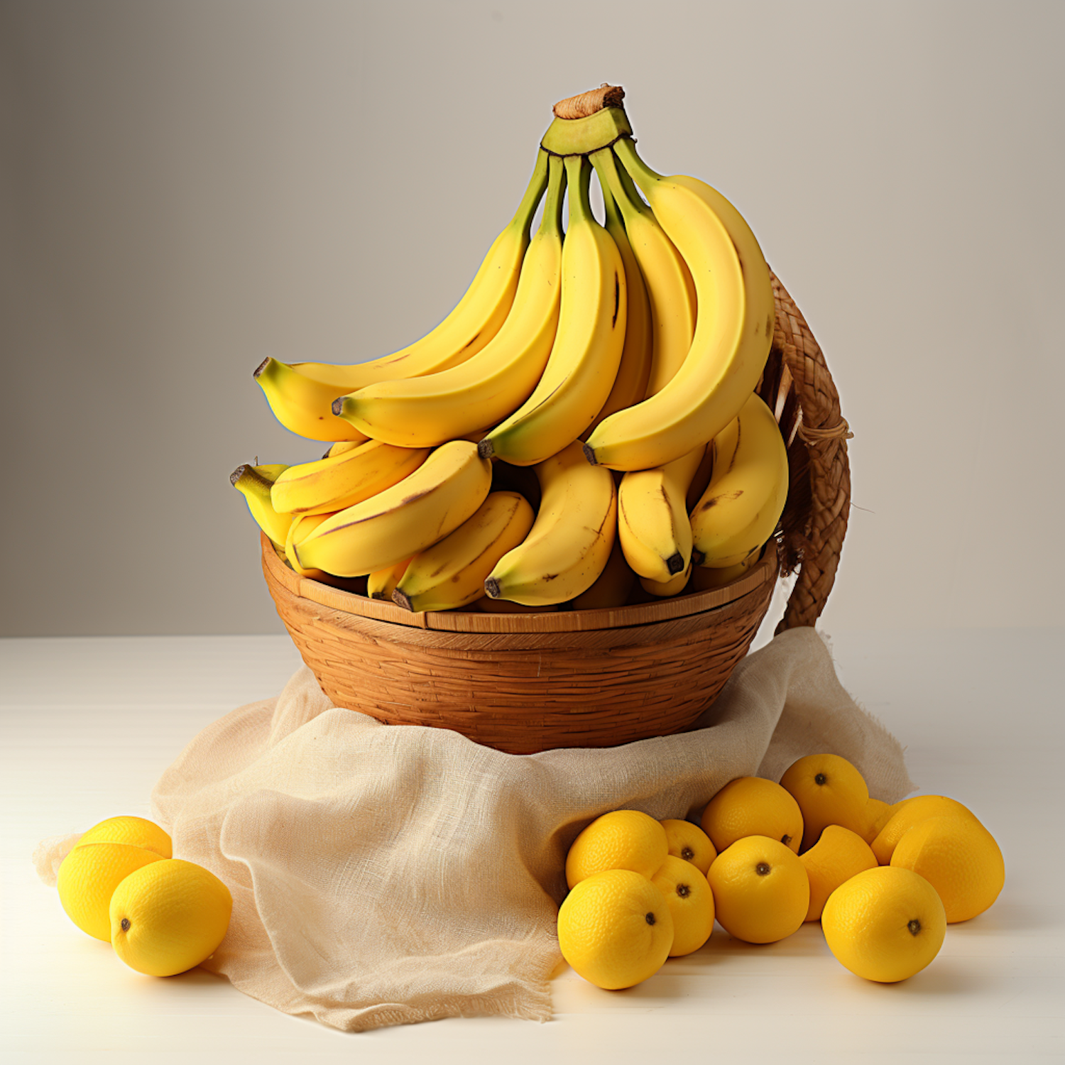 Abundant Bananas in Wicker Basket with Lemons