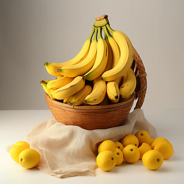 Abundant Bananas in Wicker Basket with Lemons