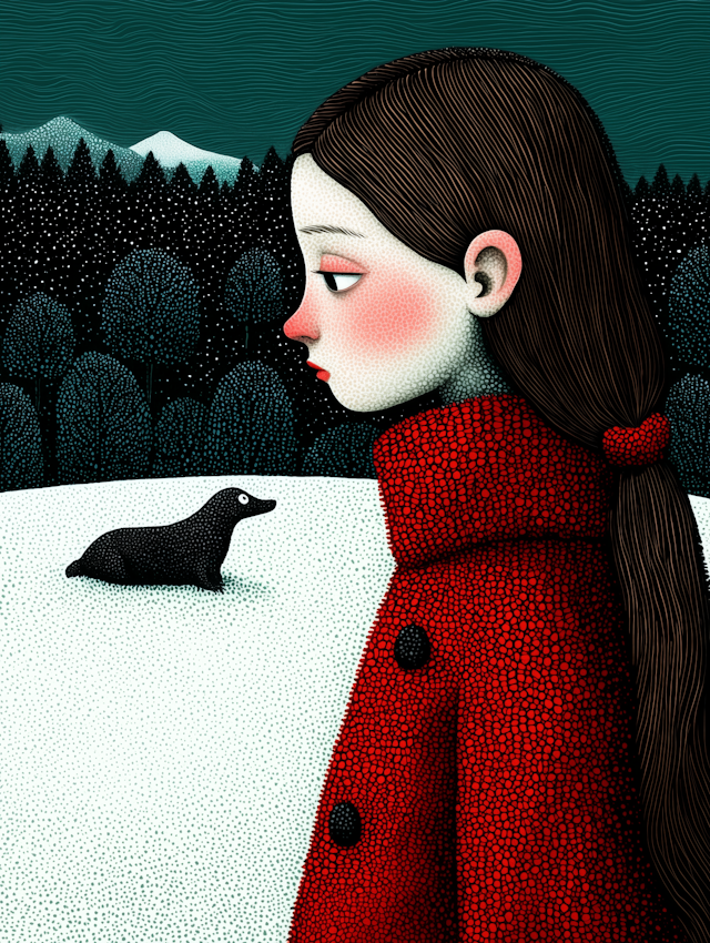 Contemplative Girl in Red Coat with Seal