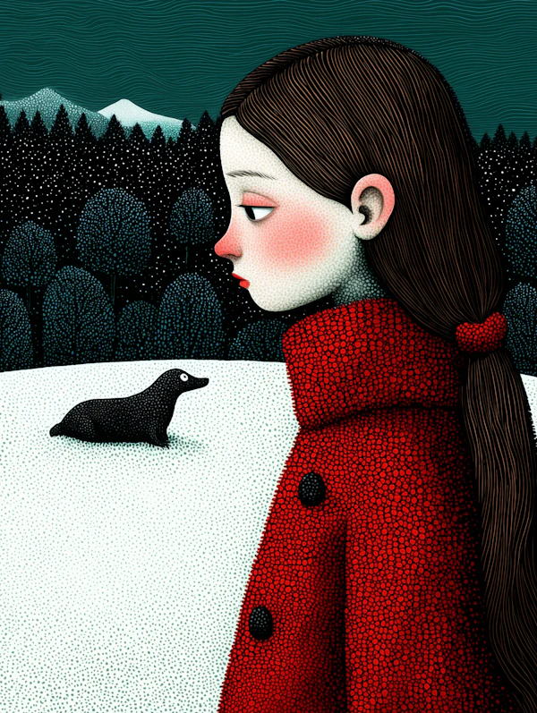 Contemplative Girl in Red Coat with Seal