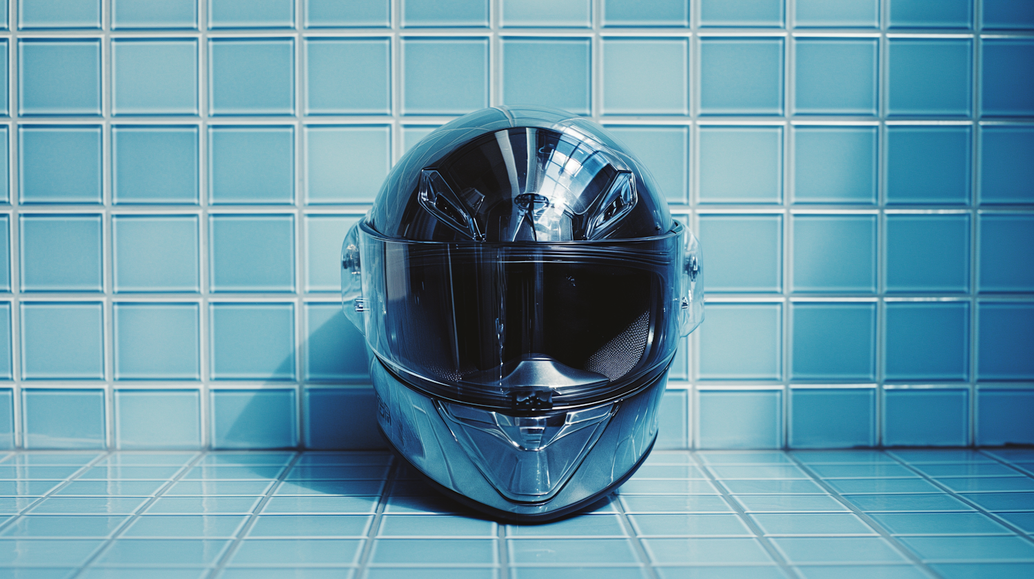 Blue Reflections on Glossy Motorcycle Helmet