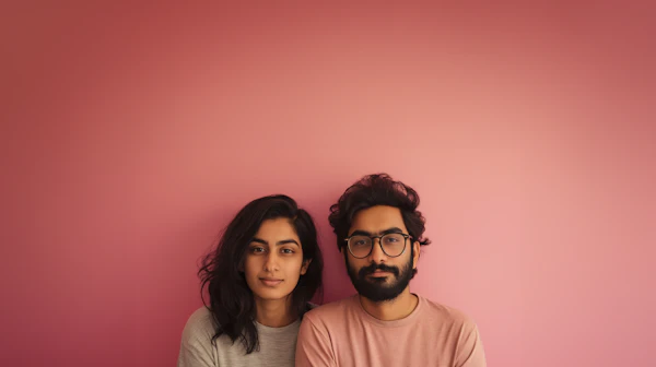 Serene Companionship - Modern Couple Against Pink Backdrop