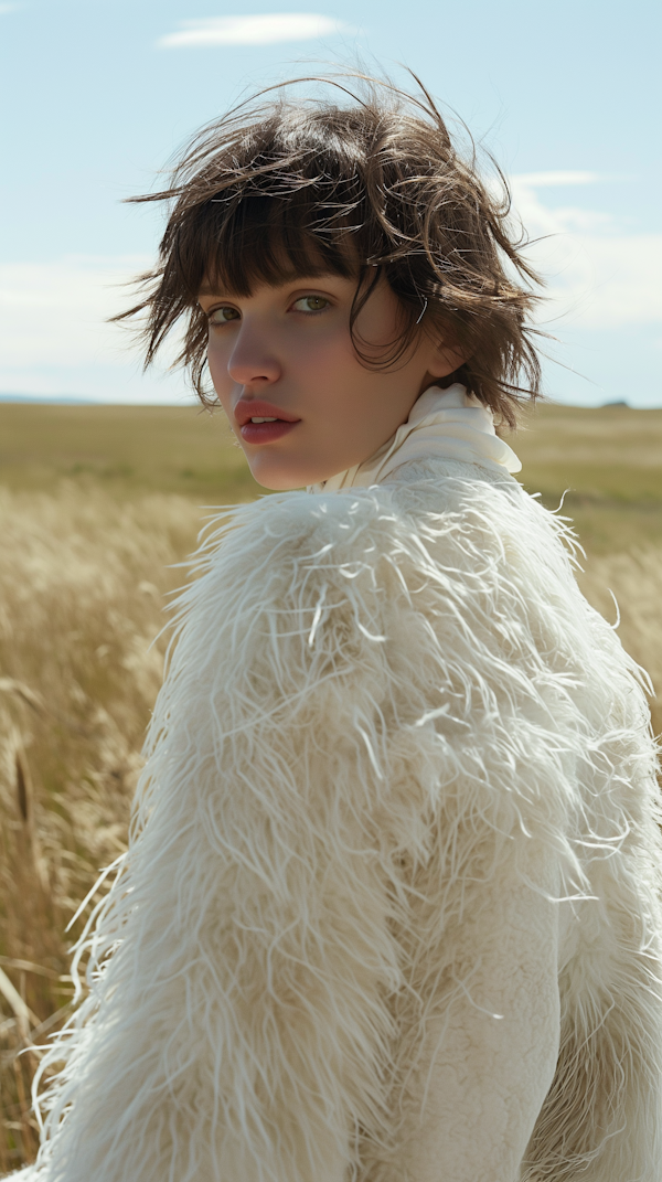 Contemplative Woman in Windswept Landscape