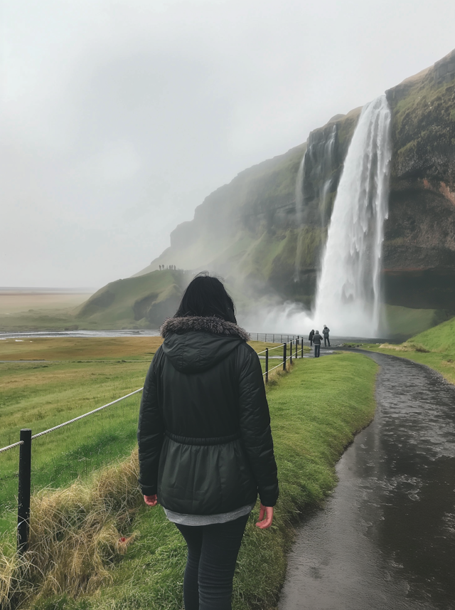 Contemplative Woman at Waterfall