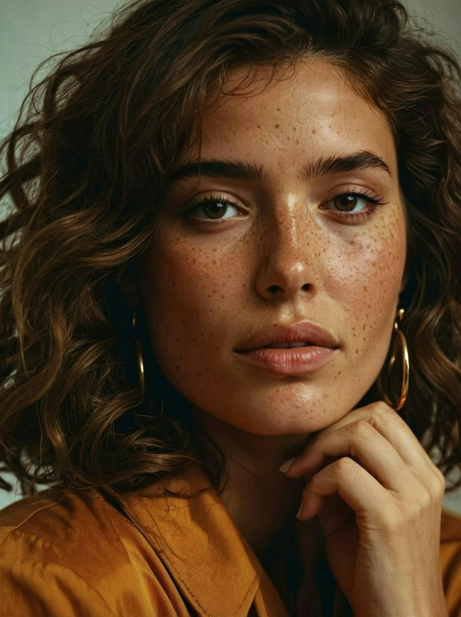 Portrait of a Woman with Curly Hair and Freckles