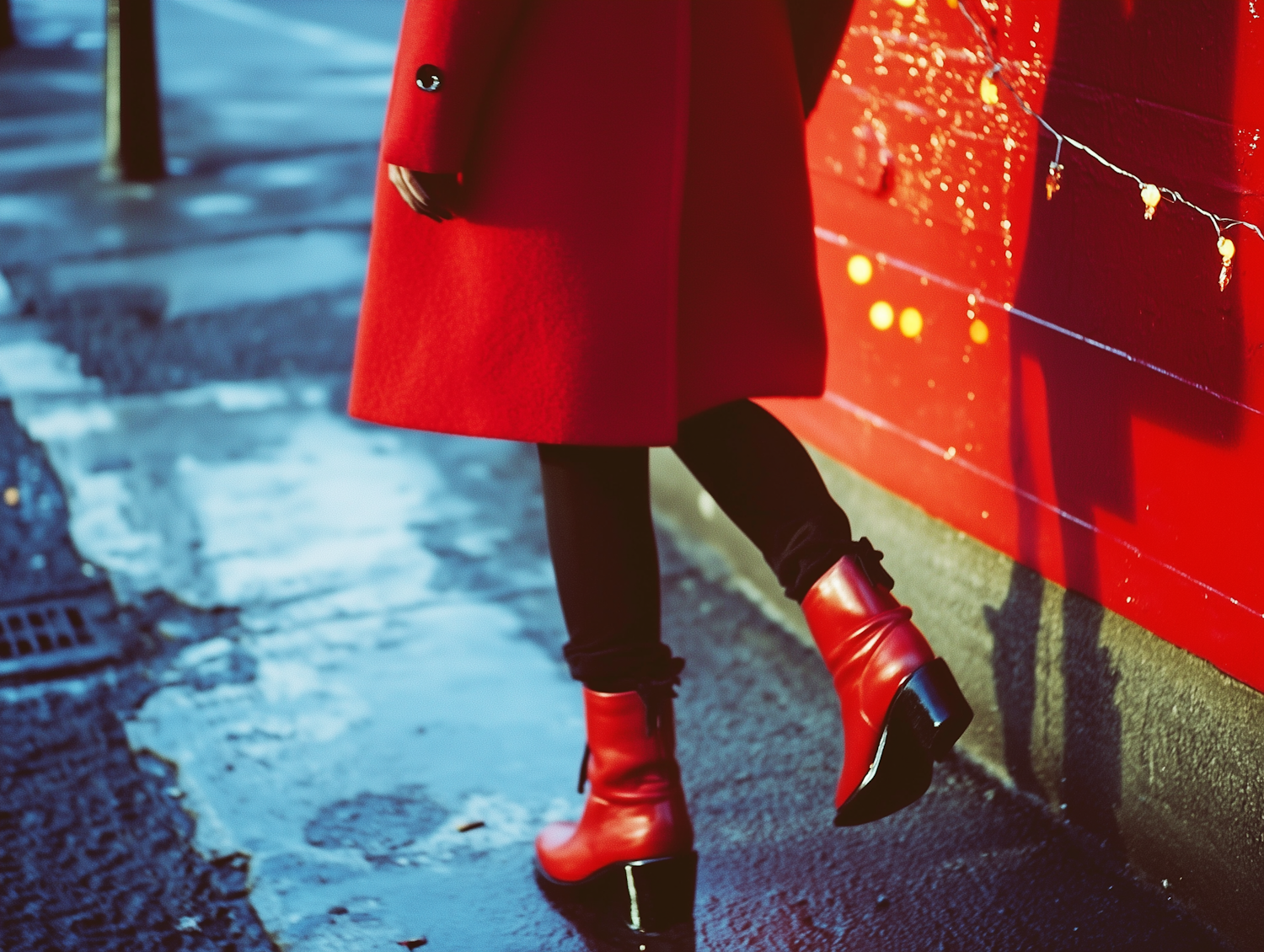 Person in Red Coat on Wet Street