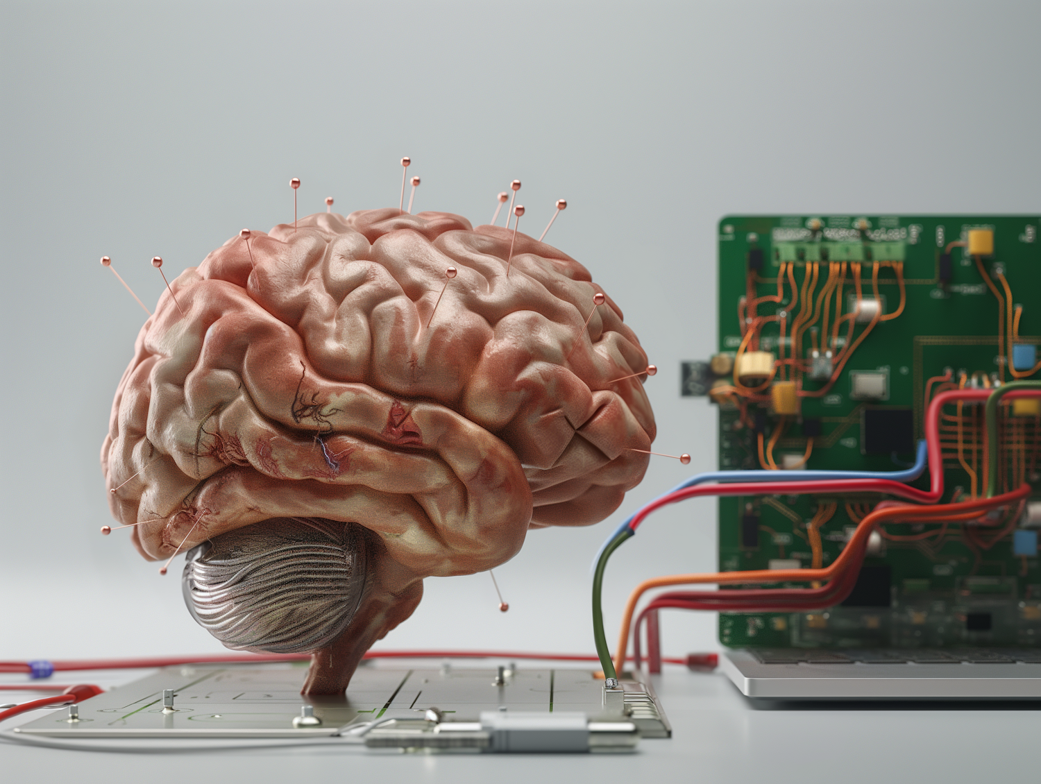 Synthesis of Biology and Technology - Human Brain Model with Circuit Board