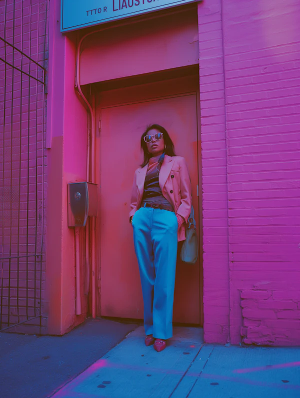 Urban Chic - Fashionable Woman in Colorful Doorway