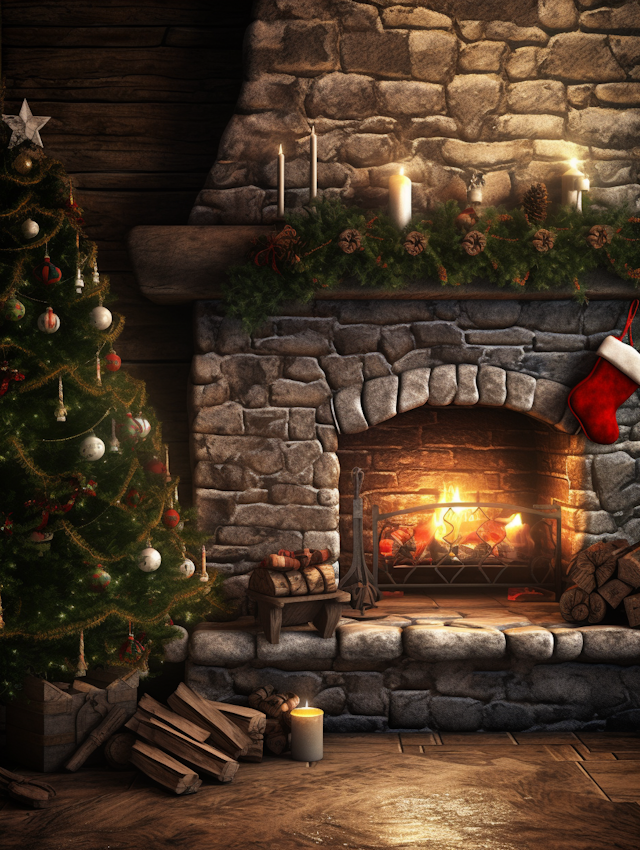 Christmas Hearth and Festive Tree Scene