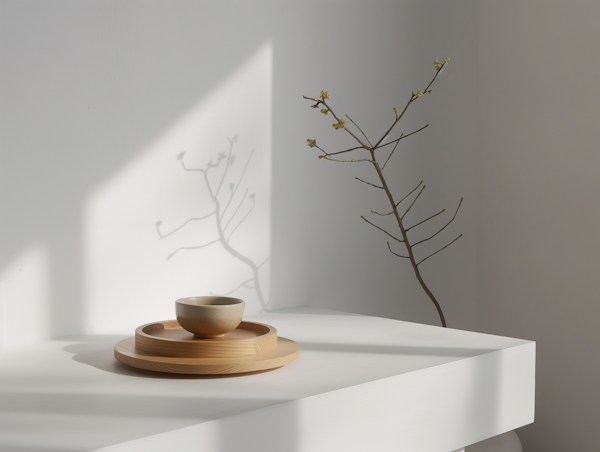 Minimalist Wooden Objects and Budding Branch