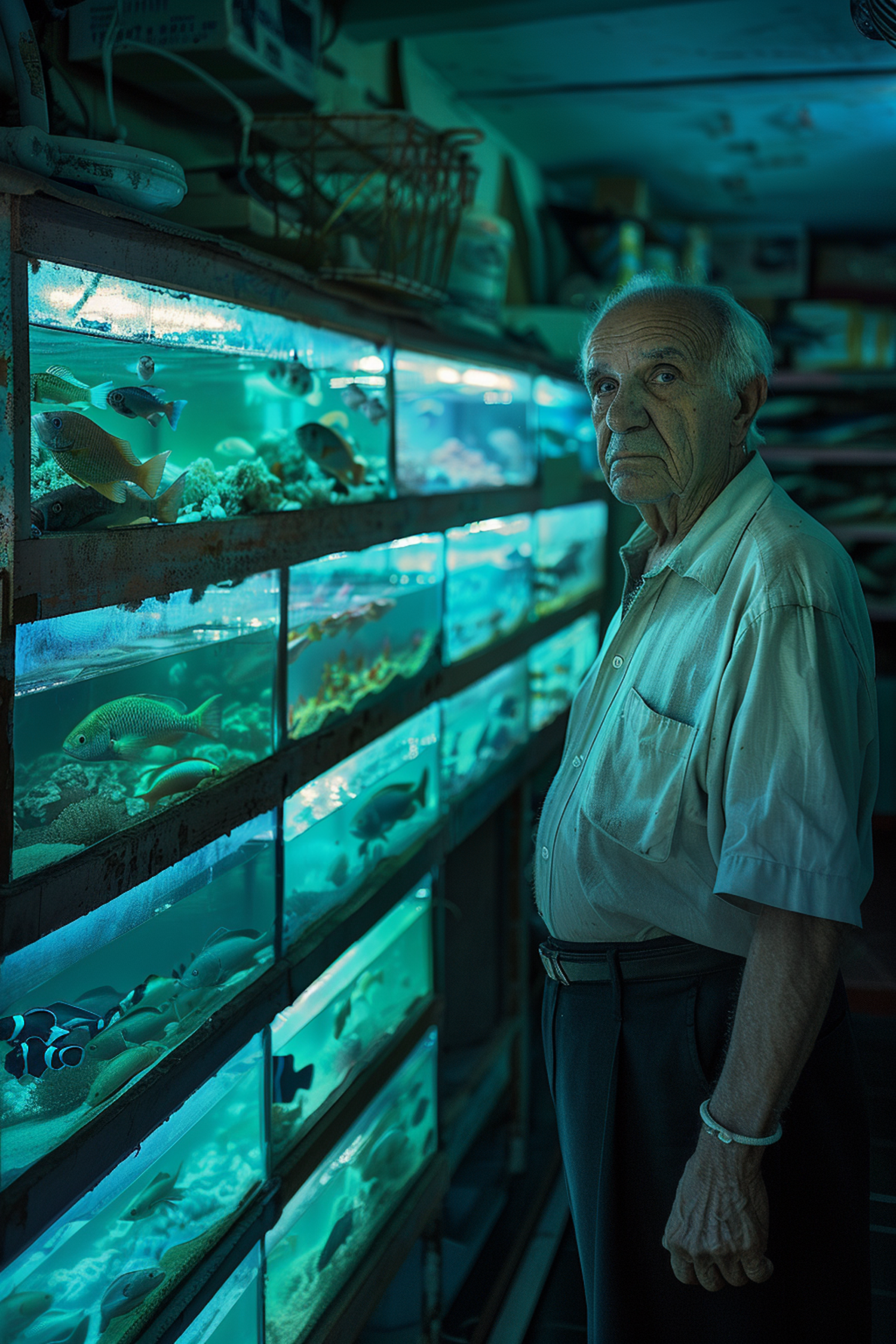 Elderly Man with Aquariums