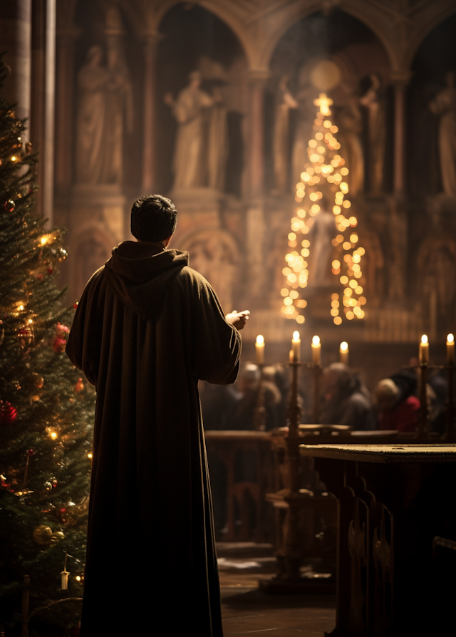 Candlelit Vigil of a Hooded Clergy during Christmas Mass