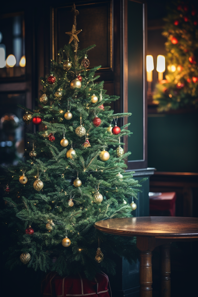 Classic Festive Elegance: Golden and Red Christmas Tree with Star Topper