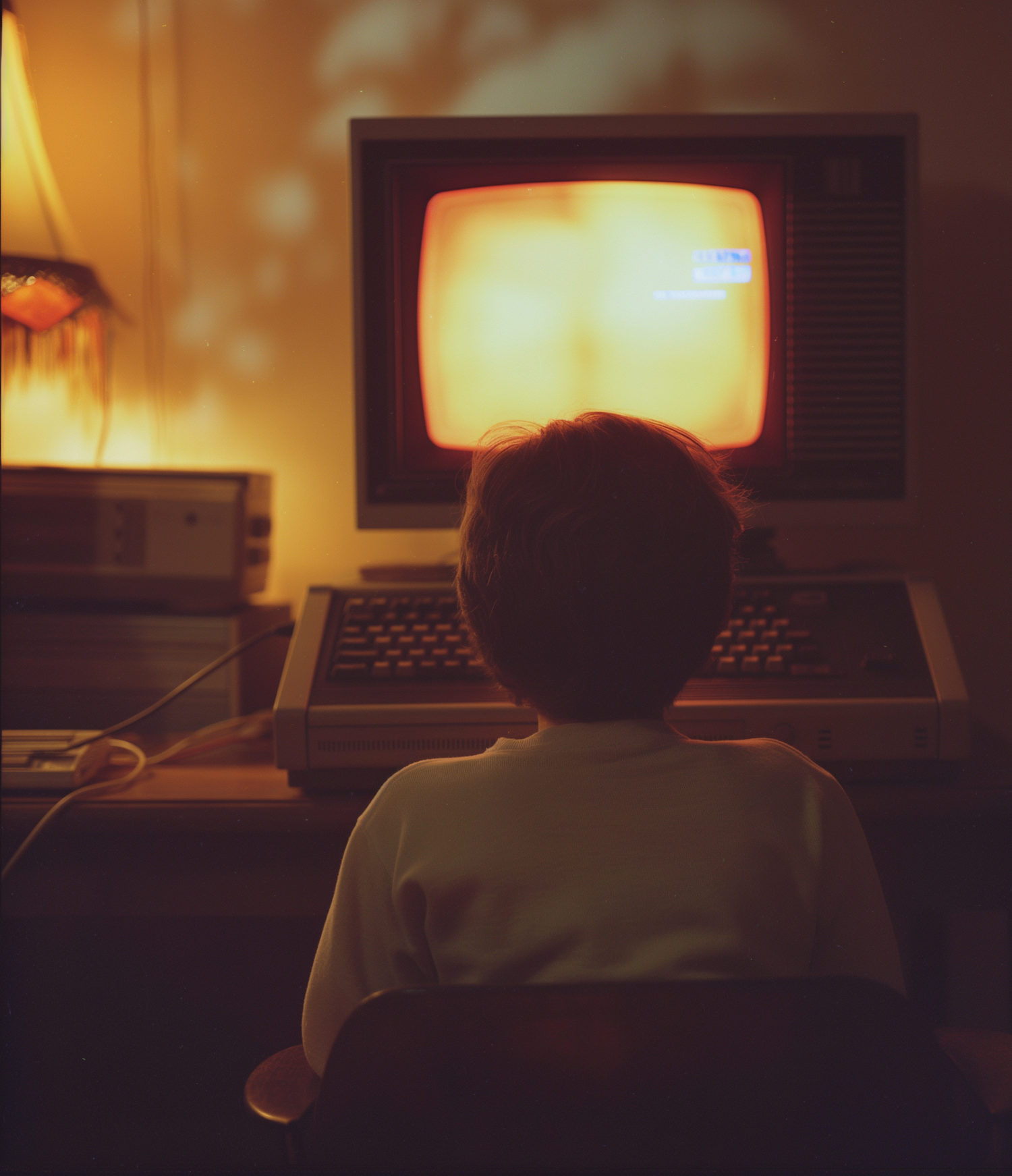 Child Engrossed in Old-Fashioned Computer